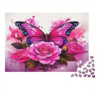 Rosa Rompecabezas de Papel Reciclado Mariposa Rosada con Rosas Rosas en Marco, Regalo navideño desafiante 38x26cm/1000 Piezas