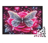 Rosa Rompecabezas DIY de Papel Premium Rosa Rosada con Mariposa Plateada y Destellos, Relleno de calcetín Estimulante Mental 70x50cm/1000 Piezas