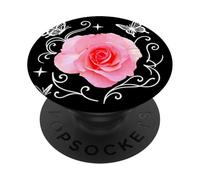 Rosa Rosa con Mariposas y Estrellas en Formas Negras Mania PopSockets PopGrip Adhesivo