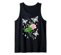 Rosa Rosa con Mariposas y Gotas de rocío en Formas Negras Mania Camiseta sin Mangas