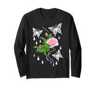 Rosa Rosa con Mariposas y Gotas de rocío en Formas Negras Mania Manga Larga