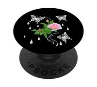 Rosa Rosa con Mariposas y Gotas de rocío en Formas Negras Mania PopSockets PopGrip Adhesivo