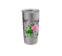 Rosa Rosa Con Mariposas Y Gotas De Rocío Formas Mania Vaso térmico de acero inoxidable de doble pared