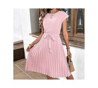 (Rosa S) Elegante vestido de verano: vestido midi plisado de lunares de alta calidad con mangas cortas