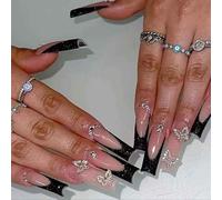 Rosa Uñas postizas Mediano Largo Cuadrado Pedrería Rosa Uñas postizas Bling Brillante 3D Flor Perla Lazo Charms Diseños Uñas postizas Uñas Artificiales para Mujer Chicas 24 Piezas (Uñas Largas 2)