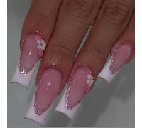 Rosa Uñas postizas Mediano Largo Cuadrado Pedrería Rosa Uñas postizas Bling Brillante 3D Flor Perla Lazo Charms Diseños Uñas postizas Uñas Artificiales para Mujer Chicas 24 Piezas (Uñas Largas 4)