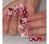 Rosa Uñas postizas Mediano Largo Cuadrado Pedrería Rosa Uñas postizas Bling Brillante 3D Flor Perla Lazo Charms Diseños Uñas postizas Uñas Artificiales para Mujer Chicas 24 Piezas (Uñas Largas 5)
