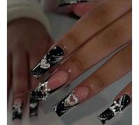Rosa Uñas postizas Mediano Largo Cuadrado Pedrería Rosa Uñas postizas Bling Brillante 3D Flor Perla Lazo Charms Diseños Uñas postizas Uñas Artificiales para Mujer Chicas 24 Piezas (Uñas Largas 3)