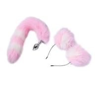 (Rosa y blanco) Tapón anal de cola de conejo esponjoso, bonito juego de aro para orejas de gato para
