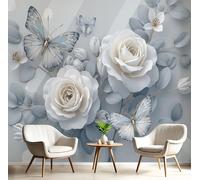 Rosa y mariposa Wall Murals, Simple y elegante Non-self-adhesive azul y blanco - Gran Foto Mural para Sala de Estar, Dormitorio y Oficina 250x175cm