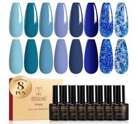 ROSALIND Esmaltes Semipermanentes Azul, 8 Color Azul Marino Oscuro Glitter Esmaltes Semipermanentes Para Uñas, Soak Off Mini UV LED Pintauñas Semipermanente Nail Art Manicure Regalo