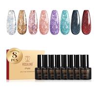 ROSALIND Esmaltes Semipermanentes Purpurina, 8 Colores Brillo Pintauñas Semipermanentes Plata Rosa Morado Azul Rojo Negro, Soak Off UV/LED Mini Glitter Esmaltes en Gel Manicure Regalo