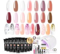 ROSALIND Kit Uñas de Gel Completo Poligel Kit para Principiantes 14 Color | Blanco Rosa Marrón Gel Extensión de Uñas Set Con UV/LED Lámpara, Base Top Coat y Herramientas Manicura, Poligel Kit Completo