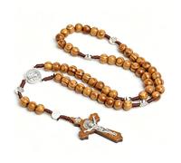 Rosario católico de madera de olivo con medalla - Collar para hombres y mujeres, San Benito, hecho a mano en Jerusalén, color marrón.