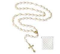 Rosario católico HYRKOTW con bolsa de cuero, rosario de comunión, cruz religiosa cristiana de Tierra Santa, regalo para mujeres y hombres con estuche de cuero para rosario (dorado).