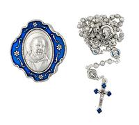 Rosario con estuche de metal Padre Pio | Cuentas florales plateadas de granizo María con cuentas azules del Padre Pío Nuestro Padre | Gran regalo católico | Santo patrón de los trabajadores de la