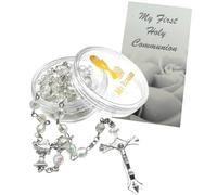 Rosario de la primera comunión para niña, cuentas de cristal blanco con centro de cáliz de metal y crucifijo con estuche y tarjeta de oración católica