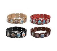 Rosario de madera de los santos de la pulsera de Jesús, pulsera de madera estirable del panel pequeño, con las imágenes de los santos religiosos del regalo de Jesús para los hombres y las mujeres