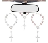 Rosario de santo coche, perlas de cristal de 10 mm con pulsera de flores, accesorios de coche rosa, para camión, bicicleta, motocicleta, coche, espejo, accesorios para colgar