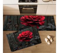 Rosas con Gotas De Agua Juego de Alfombrillas de Cocina, 2 Piezas Fotografía De Flores Tapetes Tipo Runner, Antideslizantes para Decoración del Hogar - 40x60+40x120cm