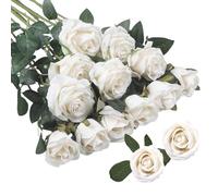 Rosas Flores Artificiales,15 Piezas Ramo de Rosas Artificiales de Seda 2.7 x 20 in Realista Largo Tallo Flores Rosas Rojas Artificiales,para Bodas,Día de San Valentín,Decoración de Hotel (Blanco)