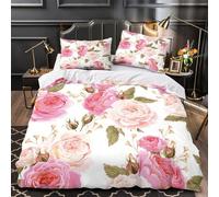 Rosas rosadas Funda de Edredón Juego de 3 Piezas Estampado 3D de poliéster Cremallera Oculta incluye Fundas de Almohada Lavables Patrón floral vintage Funda Edredon for niña Single（140x200cm）