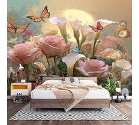 Rosas Y Mariposas En Acuarela Fotomural para Pared de Tela No Tejida 450x315 cm, Rosa Papel Pintado Decorativo de Interiores para Salón Dormitorio Oficina Pasillo Comedor, Fácil de Instalar