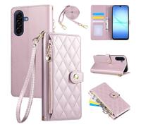 Rosbtib Funda para Samsung Galaxy A17 4G/5G 2025 6.7 Pulgadas, Funda de móvil de Cuero PU con Bordado de Rejilla de Diamantes, Galaxy A17 Flip Caso con Correa de Muñeca y Correa Larga Crossbody, Rosa