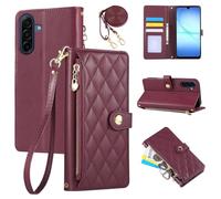 Rosbtib Funda para Samsung Galaxy A17 4G/5G 2025 6.7 Pulgadas, Funda de móvil de Cuero PU con Bordado de Rejilla de Diamantes, Galaxy A17 Flip Caso con Correa de Muñeca y Correa Larga Crossbody, Rojo