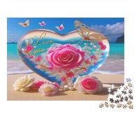 Rose Adult Jigsaw Puzzles Heart with Pink Roses and Pearls for The Whole Family Women, Gifts for Men 52x38cm 1000pcs