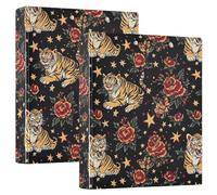 Rose and Tiger - Carpeta de 3 anillas de 1.5 pulgadas, organizador de documentos de material PVC con anillo en D y bolsillo transparente para suministros de oficina, paquete de 2