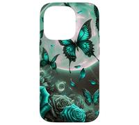 Rose Butterfly Design Teal Blue Floral Print Flower Galaxy Carcasa para iPhone 14 Pro