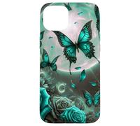 Rose Butterfly Design Teal Blue Floral Print Flower Galaxy Carcasa para iPhone 15 Plus