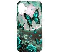 Rose Butterfly Design Teal Blue Floral Print Flower Galaxy Carcasa para iPhone 16 Plus
