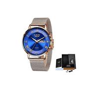 (Rose gold blue) LIGE Men Watches Top Brand Luxury Ultra-Thin Sport Quartz Wrist Watch Mens Fashion Leather Waterproof Casual Clock Male Relogio