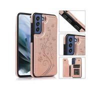 (Rose Gold)Double Buckle Butterfly Floral Design Samsung Galaxy S23 Phone Case With Lens Protection, Built-in Stand, Hidden Card Slot, Waterproof