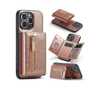 (Rose Gold) Glitter Powder Card Bag Leather Case For iPhone 15 Pro Max