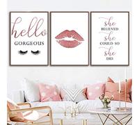 Rose Gold Lash Lips Print Makeup Poster Hello Gorgeous Sign Fashion Wall Art Canvas Painting Girls Luxury Decor Pictures 60x80cm-3Pieces Frameless