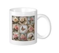Rose - Juego de 1 taza con impresión regular de búfalo floral hermosa estética artística retro verde rosa cerámica regalo colección Steeping Collection oficina gimnasio escritorio camping con asas