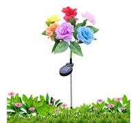 Rose Solar Lights Outdoor - 7 Head Roses Garden Pathway Lamp, Waterproof Solar Powered Rose Flower Garden Lights with Ground Stakes, Decorative Outdoor Pathway Lighting for Lawn, Fence, Walkway Decor