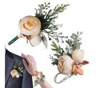Rose Wrist Corsage Boutonniere Set, Artificial Flower Wrist Corsage Bracelets, 2 Pieces Handmade Artificial Flower Decorations | Wedding Boutonniere Kit For Prom Mother Day Father Day Graduation