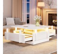 Rosebibi 70 x 70 x 35 cm, mesa de centro brillante con 2 cajones, partición acrílica transparente. Mesa de café, mesa de salón, mesa de sofá, mesa auxiliar, adecuada para habitaciones pequeñas (blanco
