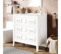 Rosebibi Armario para debajo del cuarto de baño 81 x 46,5 cm con lavabo de cerámica, 3 cajones, retro, con función de cierre suave, juego de muebles de baño independiente con asas de metal (blanco-2)