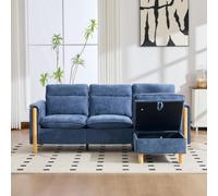 Rosebibi Juego de sofá de 3 plazas estilo nórdico en forma de L de chenilla azul con taburete de almacenamiento, bolsillos laterales, patas de madera, ideal para sala de estar y espacios pequeños