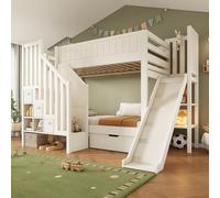 Rosebibi Litera infantil de 90 × 200 cm con tobogán, armario, cajones grandes y estante abierto, color blanco, somier de listones, ideal para familias con varios niños, sin colchón (blanco-1)