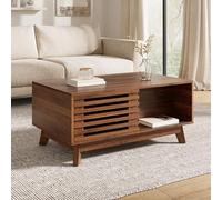 Rosebibi Mesa de centro moderna retro, altura ajustable, puerta corredera, efecto nogal, cuerpo de MDF, mesa de salón multifuncional, nogal