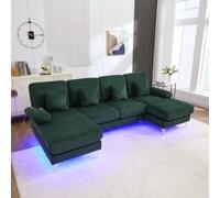 Rosebibi Moderno sofá U con iluminación LED ambiental y marco de madera maciza con puerto USB-C, 4 cojines de lujo y respaldo ergonómico premium (verde oscuro)