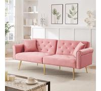 Rosebibi Sofá cama moderno de 2 plazas tapizado en terciopelo con respaldo ajustable de 3 niveles, patas metálicas doradas, ahorra espacio, resistente, ideal para espacios pequeños, color rosa