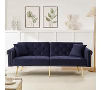 Rosebibi Sofá cama moderno de 2 plazas, tapizado en terciopelo, respaldo ajustable de 3 niveles, patas metálicas doradas, ahorra espacio, resistente, ideal para espacios pequeños, color azul antiguo