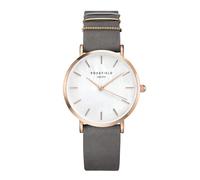 Rosefield Reloj Mujer The West Village de Oro Rosa: Caja de Reloj Redonda de 33 mm con Esfera de Reloj Blanca y Correa Gris - WEGR-W75